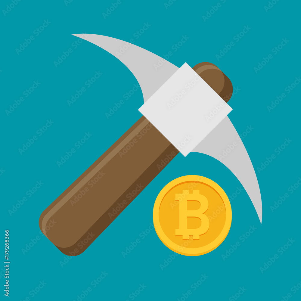 Bitcoin mining concept with pickaxe and coin flat vector Bitcoin mining concept with pickaxe and coin flat vector