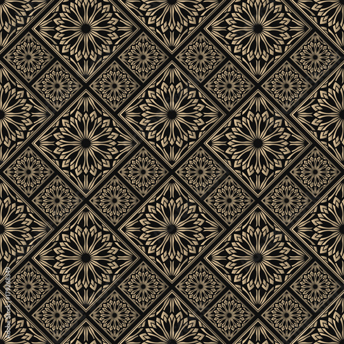 Seamless pattern oriental ornament. Black and golden textile print. Islamic vector design. Floral tiles.