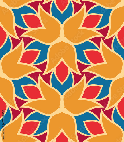 Seamless pattern morrocan ornament. Floral textile print. Islamic vector design. Oriental background with abstract flowers. Hexagonal trefoil swatch. Stained glass vitrage.