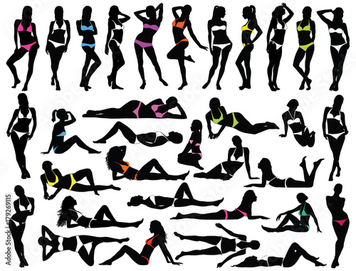 Big set of vector silhouettes of women in colored bikini dress.