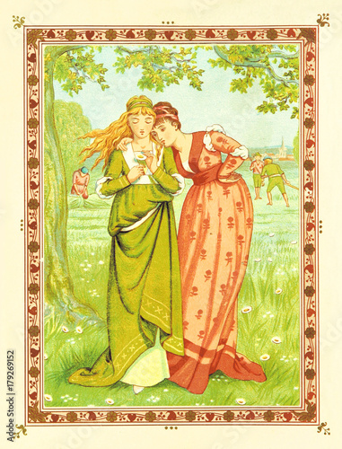 Two women in a park. He loves me, loves me not. Vintage romantic context in a floral frame. Old colorful illustration by Crane and Greenaway, The Quiver of Love, ed. Marcus Ward, 1876