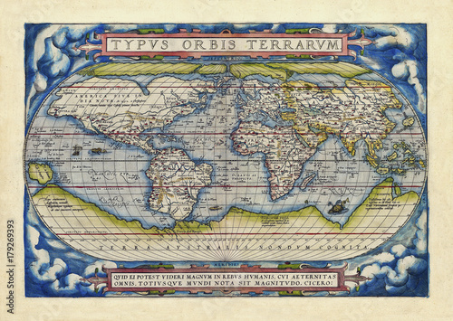 Old map of the world. Full globe realized in ancient style. Blue cloud theme decoration on each frame corner . By Ortelius, Theatrum Orbis Terrarum, Antwerp, 1570