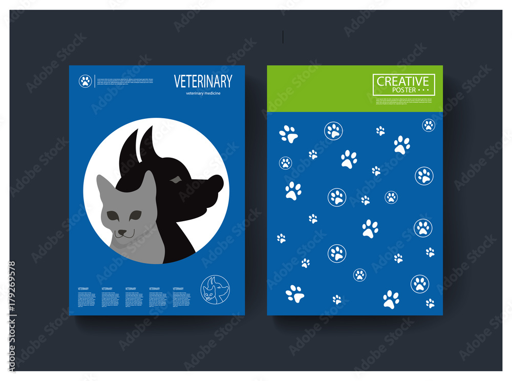 Creative brochure for the veterinary clinic. Dog and cat for the title  page. Paw foot and contact information Stock Vector | Adobe Stock