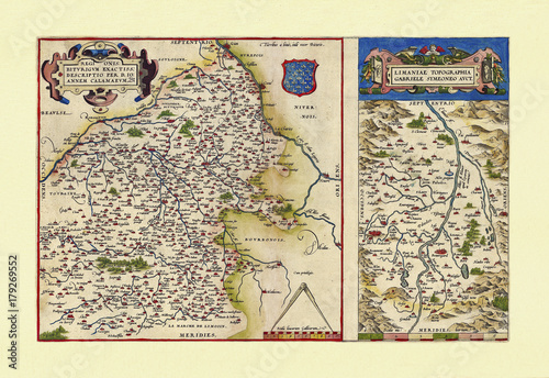 Detailed old maps of Auvergne and Cher, France. Excellent state of preservation realized in ancient style. All the graphic composition inside a frame. By Ortelius, Theatrum Orbis Terrarum, 1570