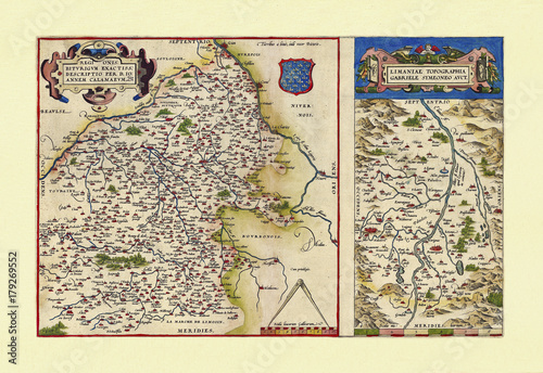 Detailed old maps of Auvergne and Cher, France. Excellent state of preservation realized in ancient style. All the graphic composition inside a frame. By Ortelius, Theatrum Orbis Terrarum, 1570 photo