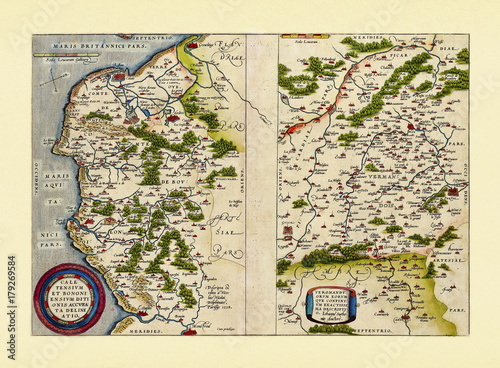 Detailed old map of French regions. Excellent state of preservation realized in ancient style. Two graphic compositions placed side by side. By Ortelius, Theatrum Orbis Terrarum, Antwerp, 1570
