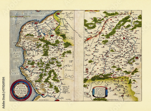 Detailed old map of French regions. Excellent state of preservation realized in ancient style. Two graphic compositions placed side by side. By Ortelius, Theatrum Orbis Terrarum, Antwerp, 1570 photo