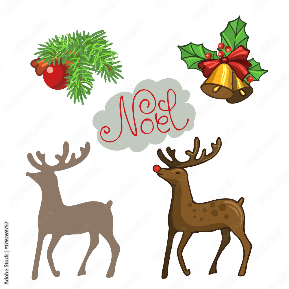 Cartoon new year set. A branch of spruce with a New Year's ball, Christmas bells with a ribbon and berries and a deer Noel