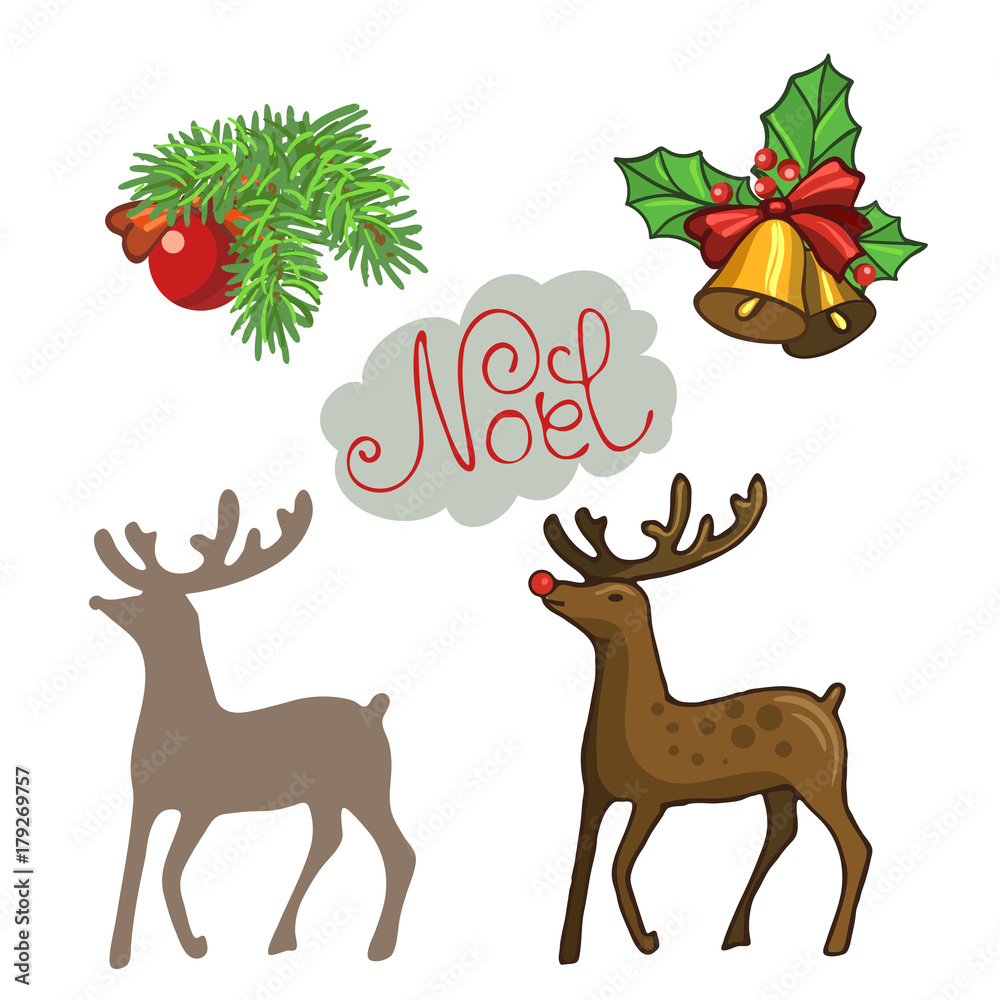 Fototapeta premium Cartoon new year set. A branch of spruce with a New Year's ball, Christmas bells with a ribbon and berries and a deer Noel