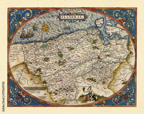 Old map of Belgium. Excellent state of preservation realized in ancient style. All the graphic composition is inside a oval frame. By Ortelius, Theatrum Orbis Terrarum, Antwerp, 1570