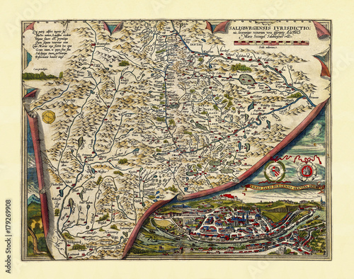 Old map of Salzburg region. Excellent state of preservation realized in ancient style. All the graphic composition is inside a frame. By Ortelius, Theatrum Orbis Terrarum, Antwerp, 1570