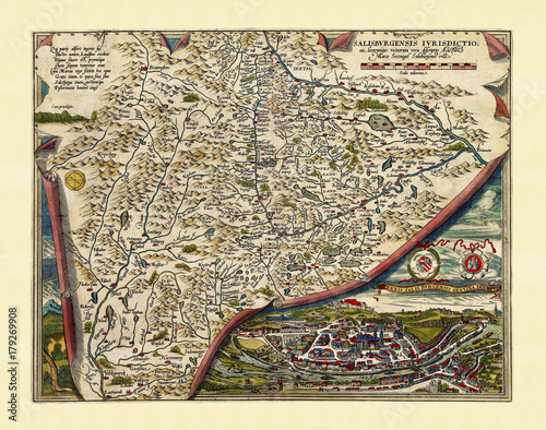 Old map of Salzburg region. Excellent state of preservation realized in ancient style. All the graphic composition is inside a frame. By Ortelius, Theatrum Orbis Terrarum, Antwerp, 1570 photo