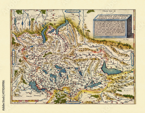Old map of Switzerland. Excellent state of preservation realized in ancient style. All the graphic composition is inside a frame. By Ortelius, Theatrum Orbis Terrarum, Antwerp, 1570