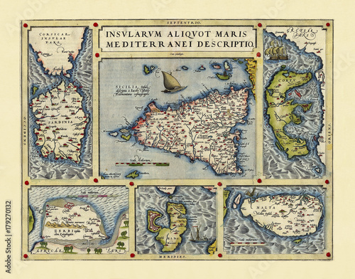 Old detailed map of Mediterranenan islands, Italy. Excellent state of preservation realized in ancient style. Composition is inside a frame. By Ortelius, Theatrum Orbis Terrarum, Antwerp, 1570