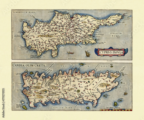 Old Maps of Cyprus and Crete. Two frames arranged side by side vertically each one with a Island inside. By Ortelius, Theatrum Orbis Terrarum, Antwerp, 1570 photo