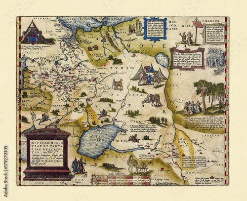 Old map of Russia. Excellent state of preservation realized in ancient style. All the graphic composition is rich of old illustrations. By Ortelius, Theatrum Orbis Terrarum, Antwerp, 1570