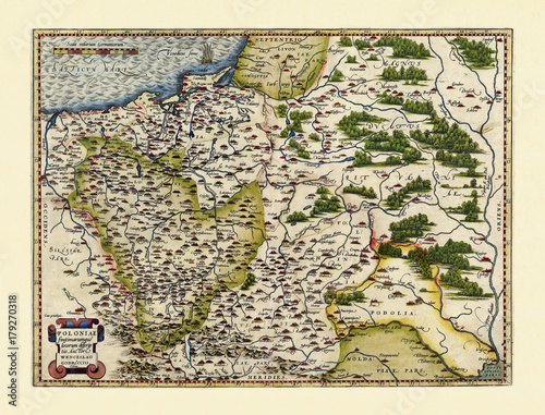 Old map of Poland. Excellent state of preservation realized in ancient style. All the graphic composition is inside a frame. By Ortelius, Theatrum Orbis Terrarum, Antwerp, 1570
