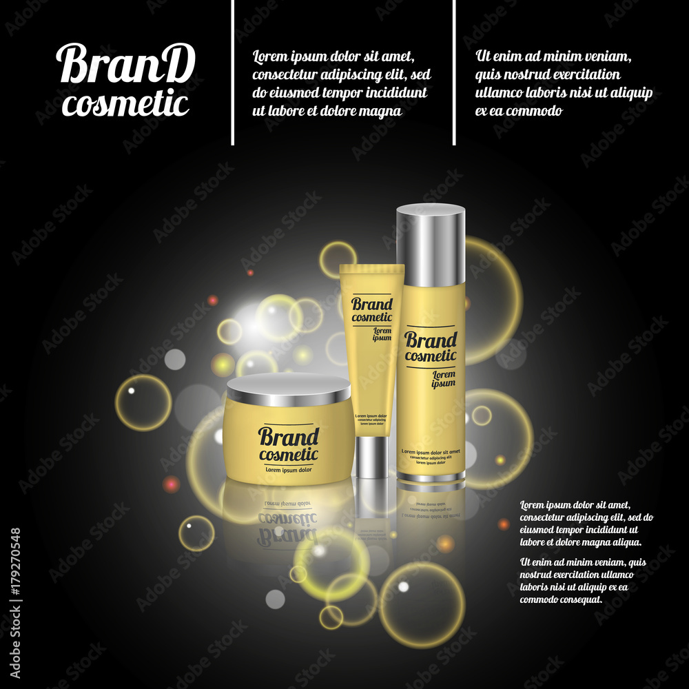 3D realistic cosmetic bottle ads template. Cosmetic brand advertising concept design with bubbles and sparkles 3D realistic cosmetic bottle ads template. Cosmetic brand advertising concept design with bubbles and sparkles