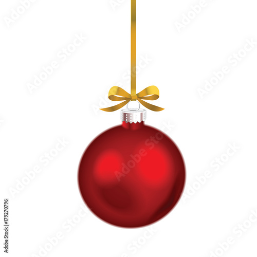 Christmas red ornament with gold ribbon. Vector Illustration.