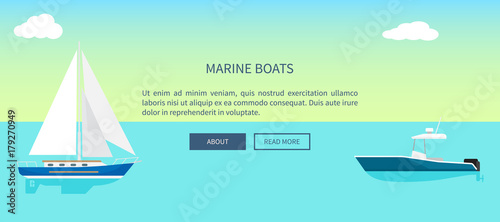 Marine Boats Web Banner with Text, Yacht Sailboat