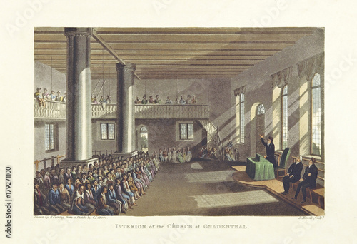 Assembly in Genadendal church interior, South Africa. Vintage illustration by Cocking and Havell after Latrobe, publ. on Journal of a Visit to South Africa, in 1815, and 1816, London 1818