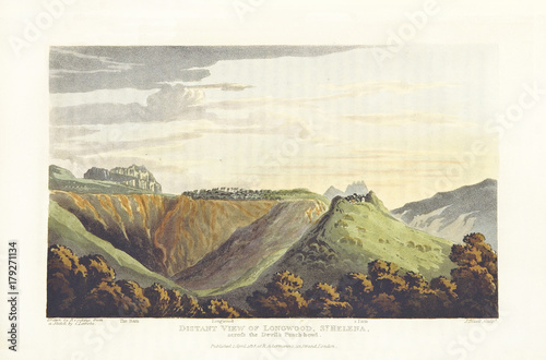 Natural landscape. Hill above a wood with a small village on top. Longwood, St. Helena. By Cocking and Bluck after Latrobe, publ. on Journal of a Visit to South Africa, in 1815, and 1816, London 1818 photo