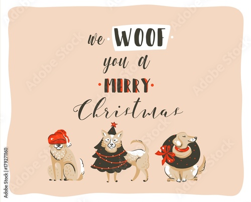 Hand drawn vector abstract fun Merry Christmas time cartoon illustrations poster with xmas dogs and modern handwritten calligraphy text We Woof you a Merry Christmas isolated on pastel background