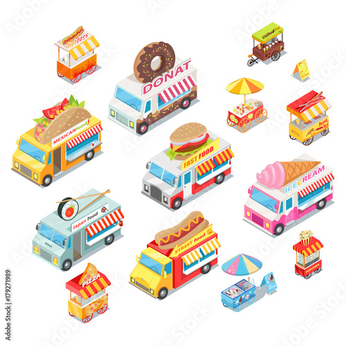 Street Food Eateries on Wheel Isometric Vector Set