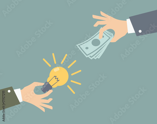 Vector illustration of idea trading concept. One hand holding bulb and the second hand giving money.