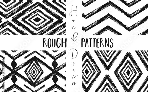 Hand drawn vector abstract graphic rough freehand ink drawing texture seamless patterns collection set isolated on white background