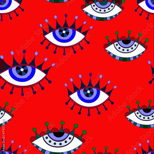 seamless pattern with cute cartoon eyes on a red background