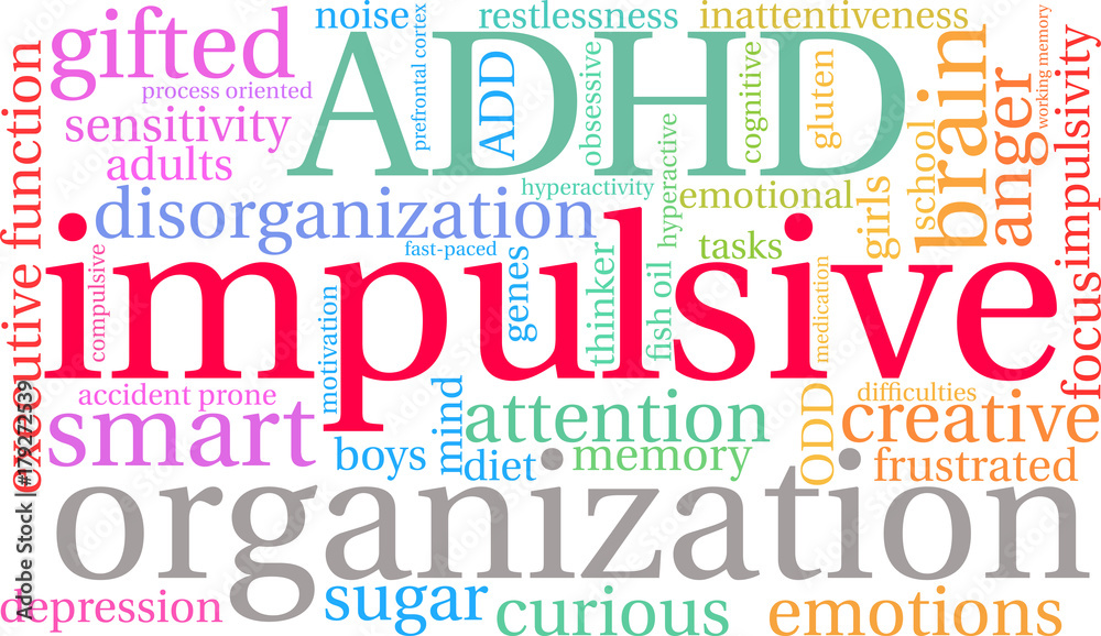 Impulsive ADHD Word Cloud on a white background. Impulsive ADHD Word Cloud on a white background.