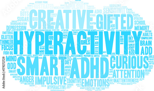 Hyperactivity ADHD Word Cloud on a white background. 
