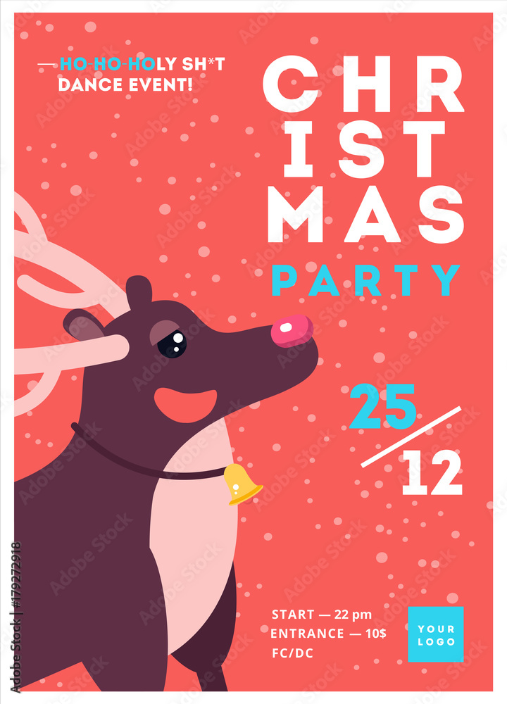 Christmas party poster template design. Xmas flyer in funny cartoon style. Winter holiday club event admission or entrance ticket layout. Vector illustration