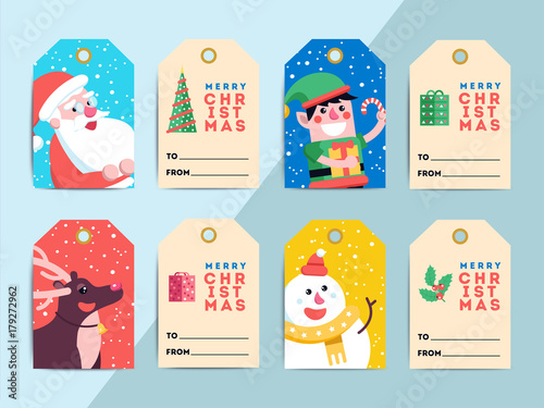 Christmas gift tags template set. Vector printable xmas box or letter labels design. Santa, reindeer, snowman and elf characters badges or cards.