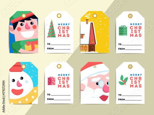 Christmas gift tags template set. Vector printable xmas box or letter labels design. Santa, reindeer, snowman and elf characters badges or cards.