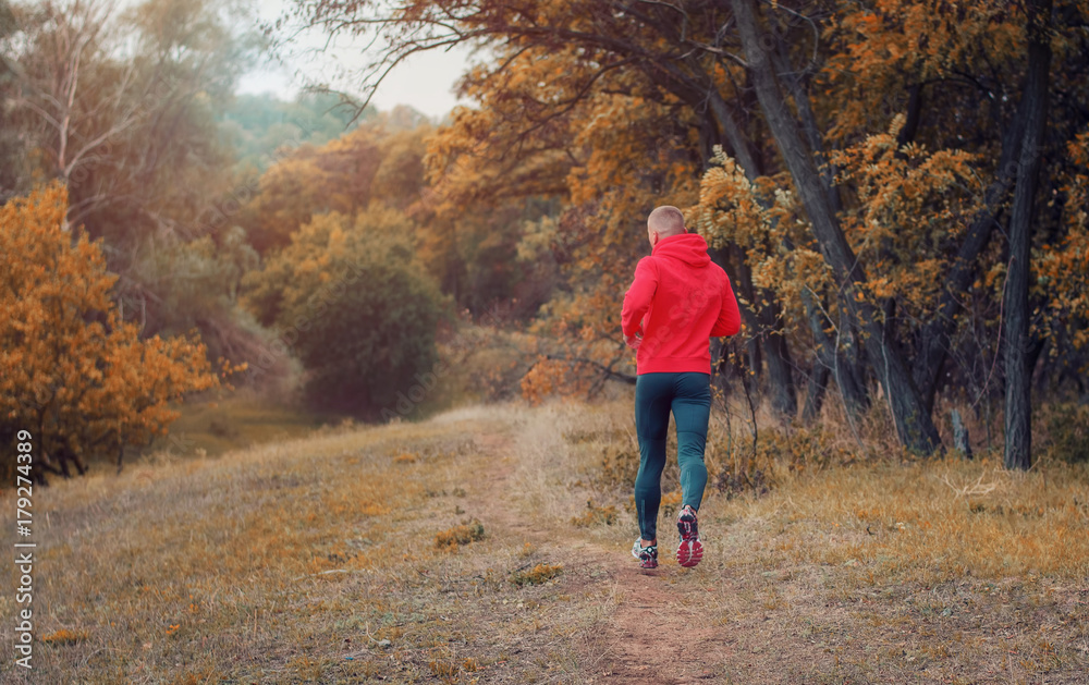 athletic jogger in a black runs on the colorful yellow autumnal forest
