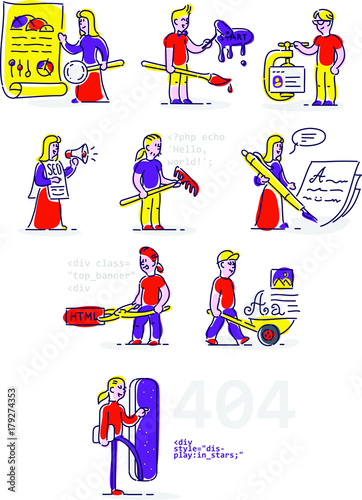  Icon in the style of the cartoon.Isolated object on white background. Professions of people who participate in the creation of sites and mobile aеpplications. Information technology for children.