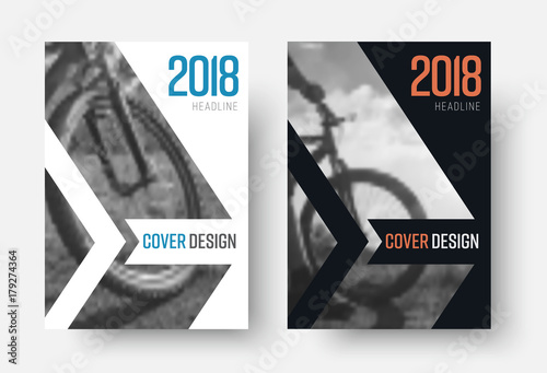 Design of vector white and black covers of the 2018 report in a minimalist style. A flyer template with an arrow for a photo and a ribbon for the title. blurred photo for an example