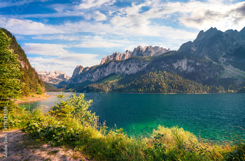 Sunny summer morning on the Gosau Lake (Vorderer Gosausee) with view of Hoher Dachstein and Gosau glacier.
