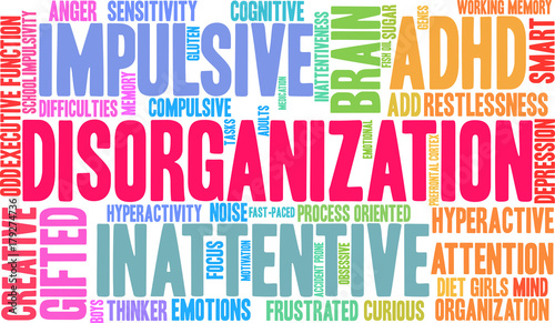 Disorganization ADHD Word Cloud on a white background. 