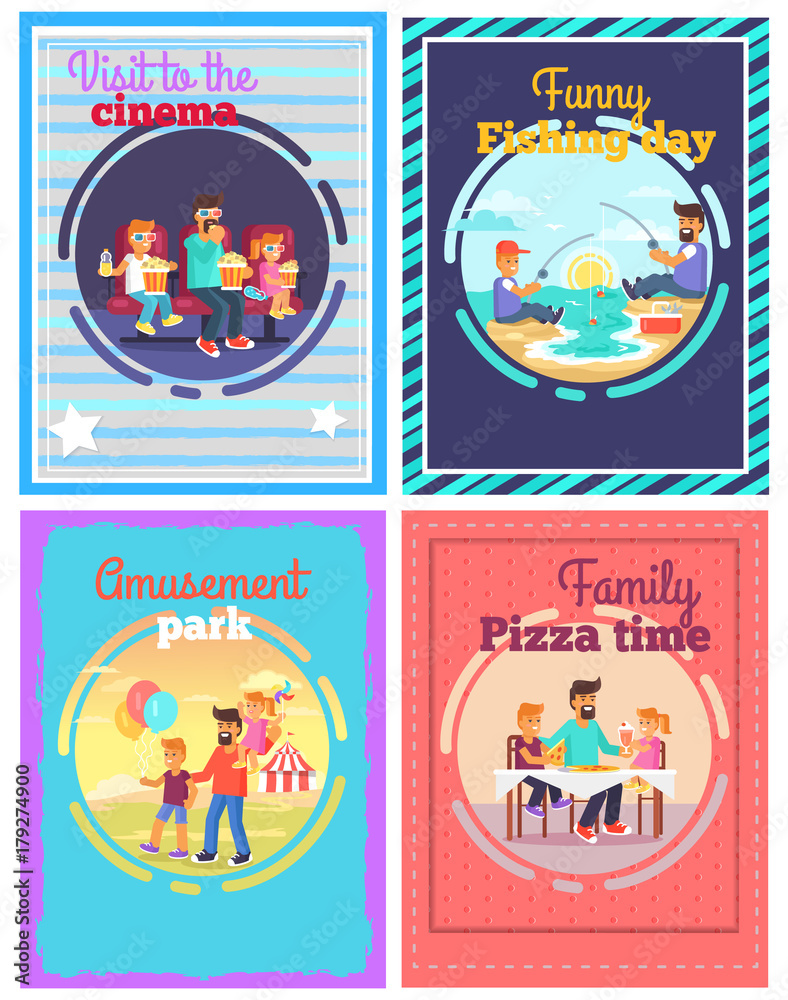 Exciting Day with Cheerful Father Posters Set