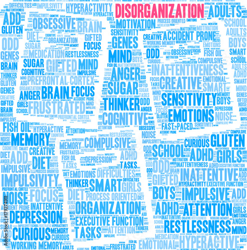 Disorganization ADHD Word Cloud on a white background. 