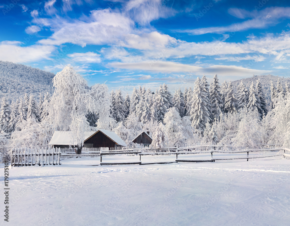 Picturesque winter landscape in the Carpathian village