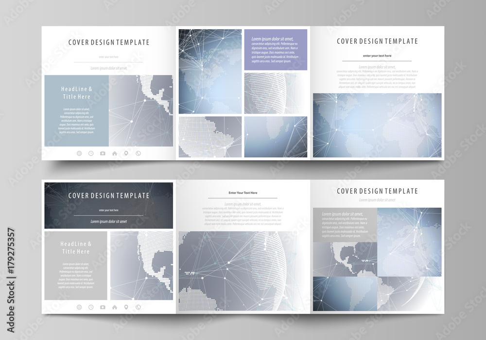 The abstract minimalistic vector illustration of the editable layout. Two creative covers design templates for square brochure. Abstract futuristic network shapes. High tech background.