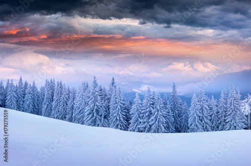 Panorama of the winter sunrise in the mountains