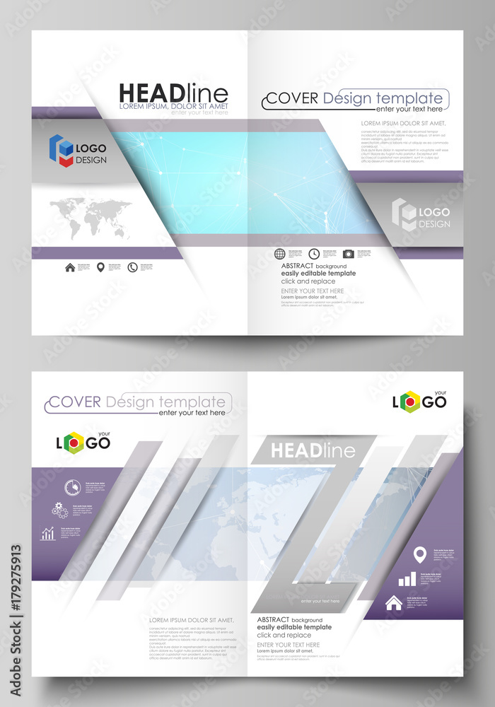 The vector illustration of the editable layout of two A4 format modern cover mockups design templates for brochure, flyer, report. Polygonal texture. Global connections, futuristic geometric concept. The vector illustration of the editable layout of two A4 format modern cover mockups design templates for brochure, flyer, report. Polygonal texture. Global connections, futuristic geometric concept.