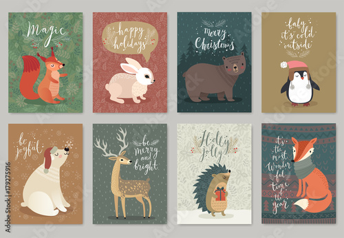 Christmas animals card set, hand drawn style.