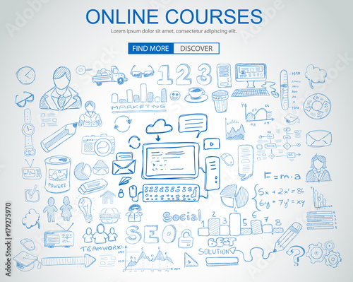 Online Courses concept with Business Doodle design style: online formation, webinars, elearning tips. Modern style illustration for web banners, brochure and flyers.