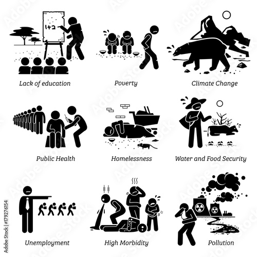 Social Issues and Critical Problems Pictogram Icons. Illustrations depicts lack of education, poverty, climate change, public health, water and food security, jobless, high morbidity, and pollution. 
